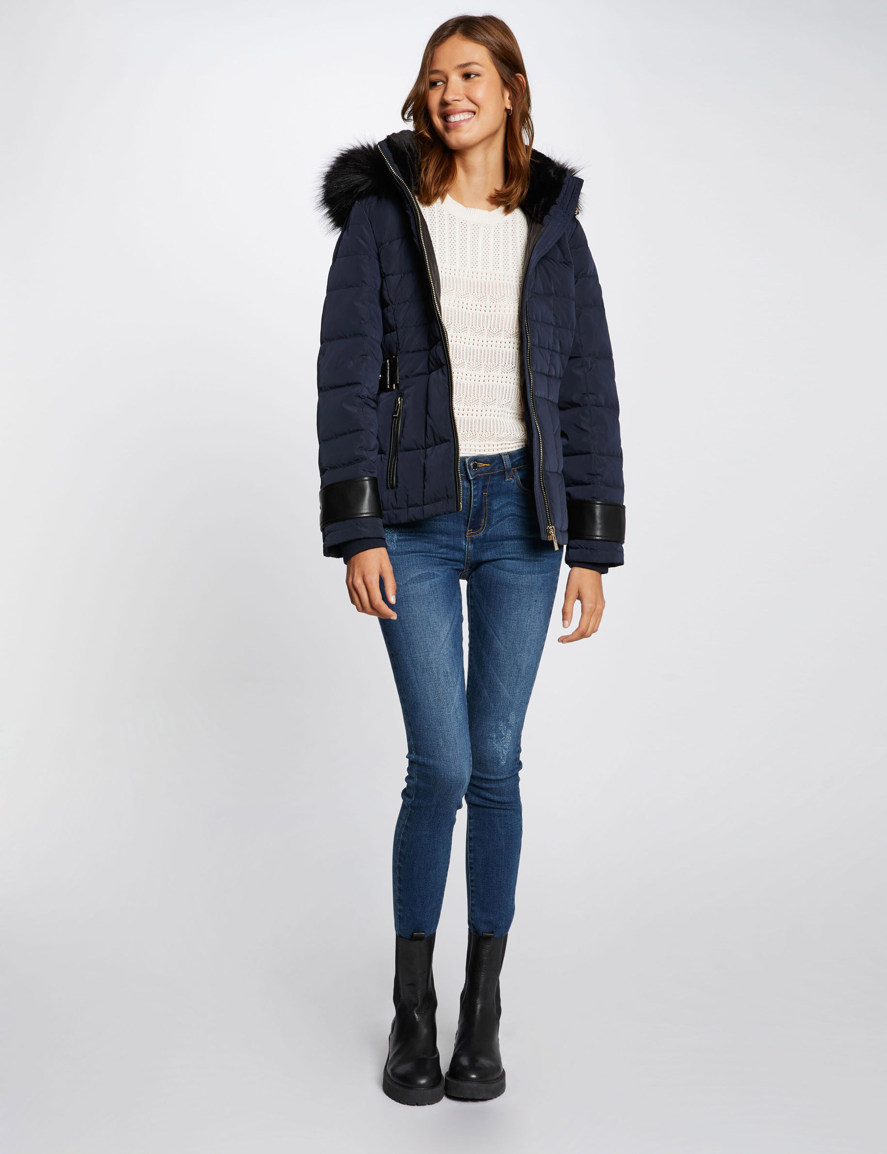 Doudoune droite à capuche marine femme - marine
