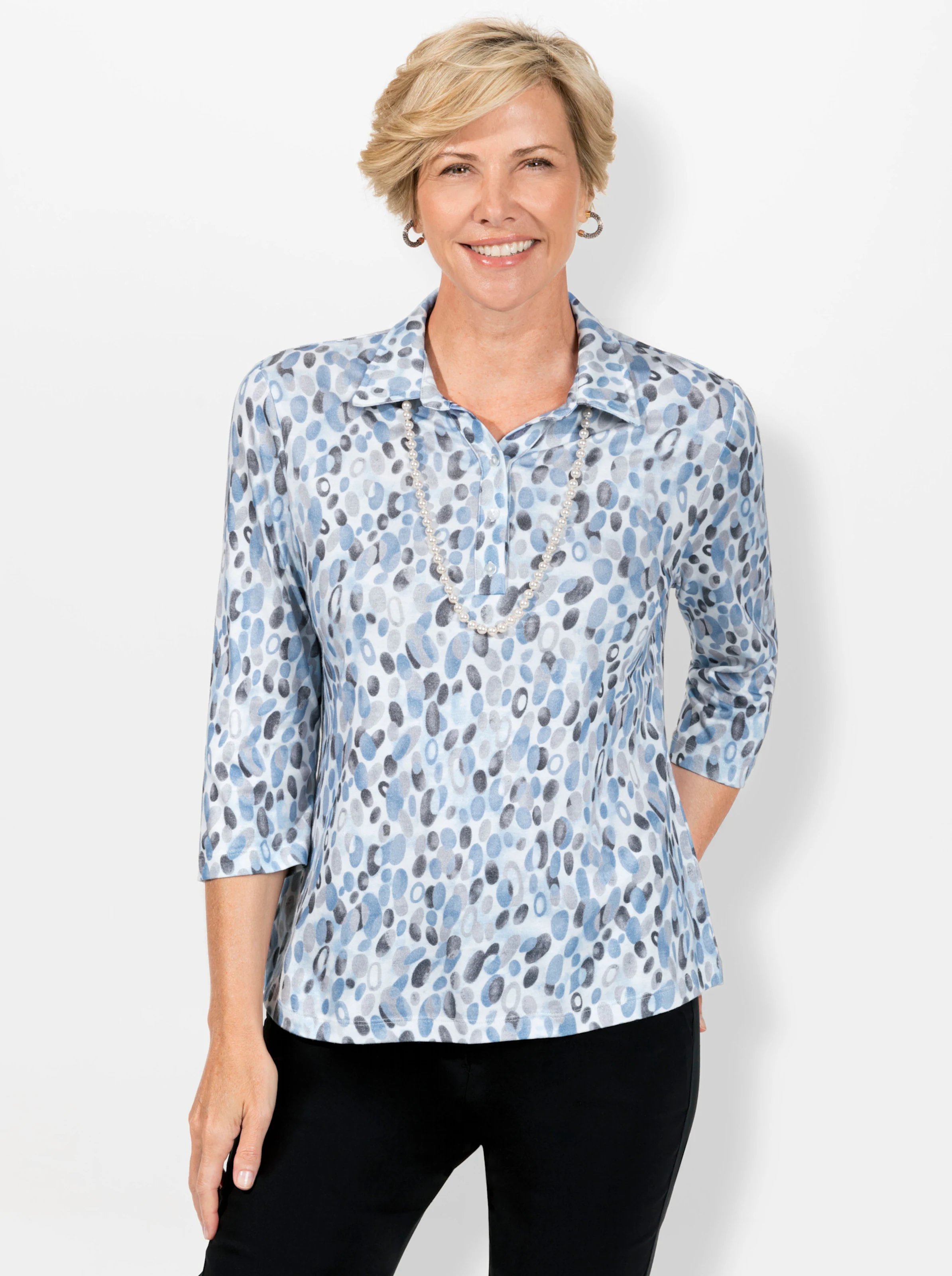 Poloshirt in eisblau-steingrau-bedruckt