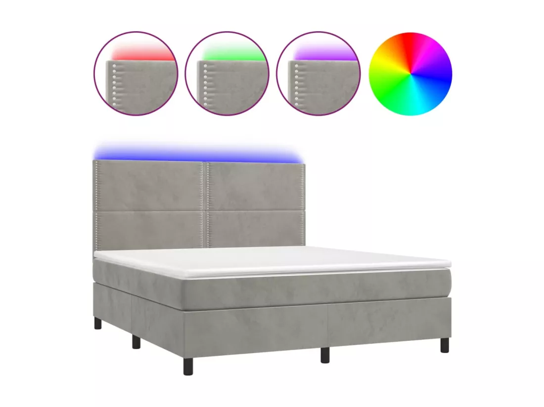 Sommier tapissier matelas et LED Gris clair 180x200 cm Velours