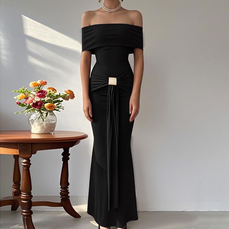 Alizio - Maxi-jurk met korte mouwen en off-shoulderprint en ruches