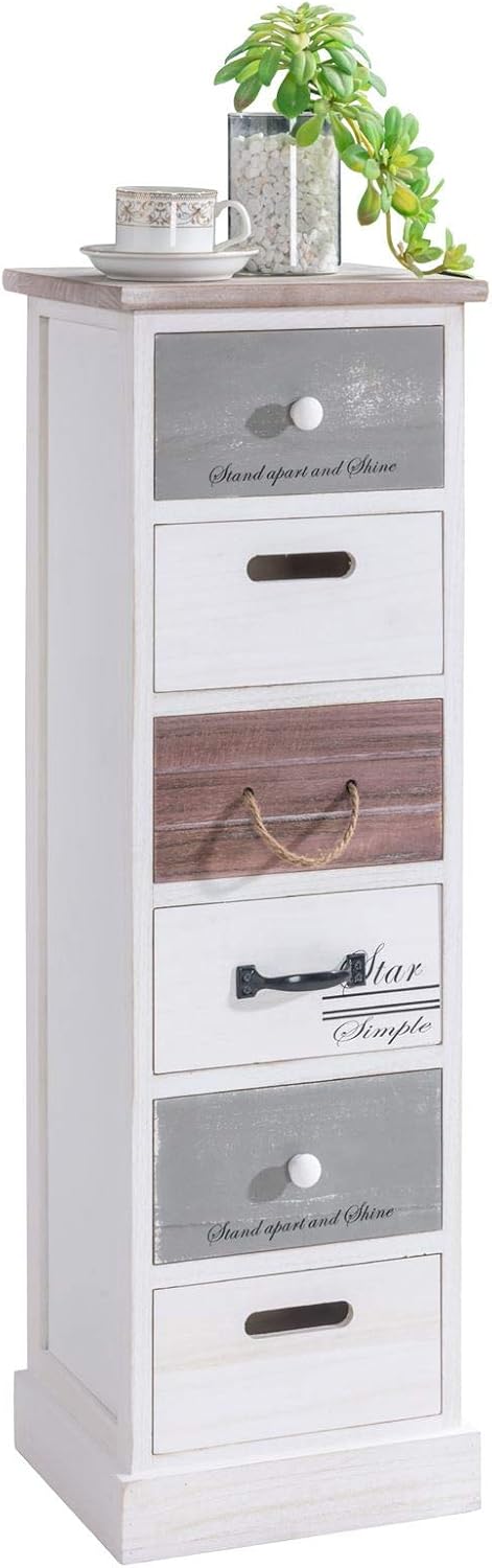 CARO-Möbel Standregal Aviano mit 6 Schubladen, kleine Kommode im Vintage Stil, Schubladenkommode im Shabby Look, Weiß, 29 x 91 x 27 cm