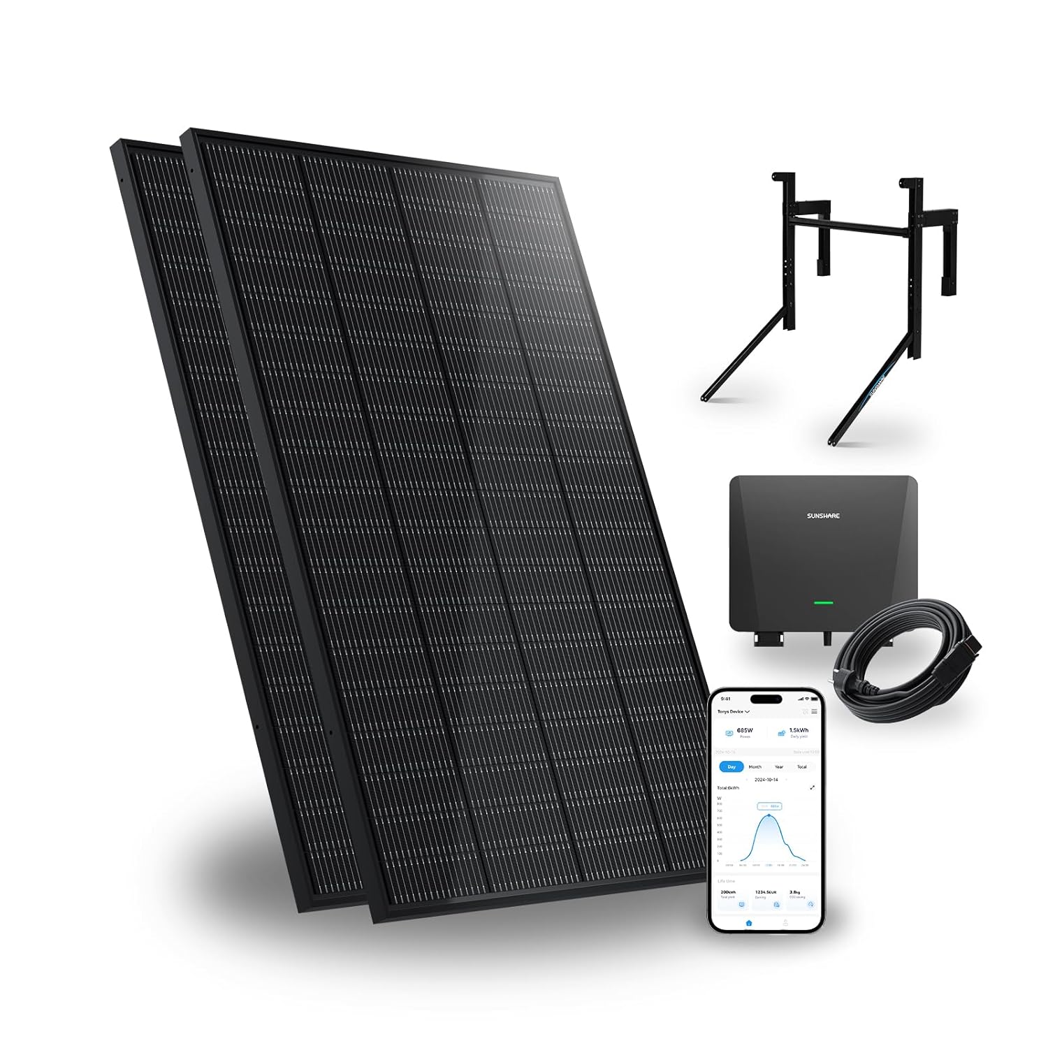 Ray 400W Balkonkraftwerk mit Halterung (Beton Balkon) - Balkonkraftwerk 800W komplett Steckdose - neuester 800 Watt Wechselrichter - Solaranlage Komplettset - inkl Zubehör - 5m Kabel