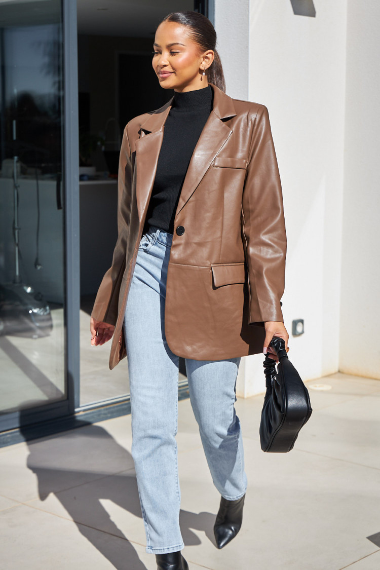 Veste blazer en simili cuir marron