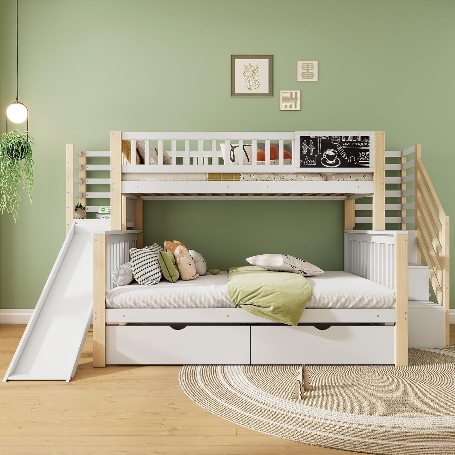 Kinderbett Etagenbett mit Stauraum Treppe& 2 Schublade&Rutsche&Tafel, Hausbett Hochbett mit Lattenrost & Rausfallschutz, Holzbett für Kinder, ohne Matratze