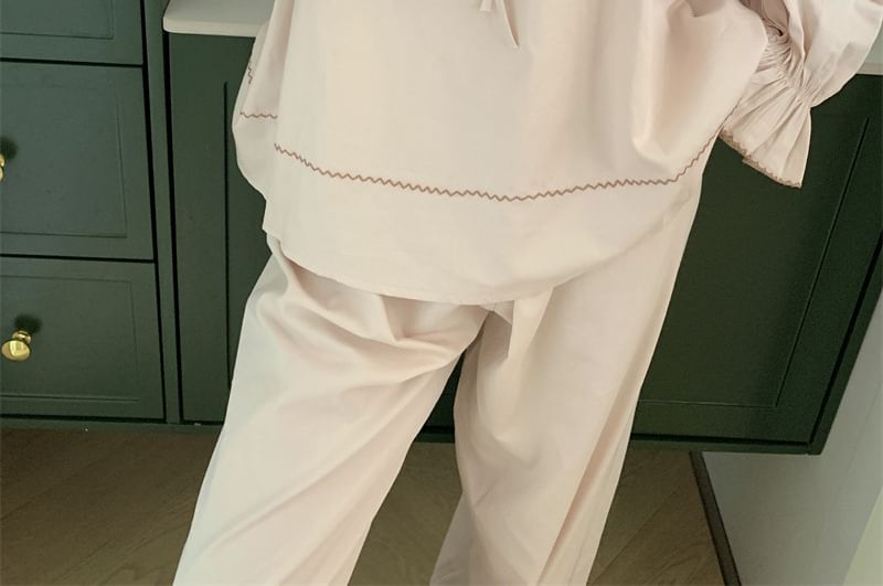 Gecko - Lange mouwen ronde hals effen contrasterende rand ruches strik voorkant maxi pyjamajurk / top / broek / set