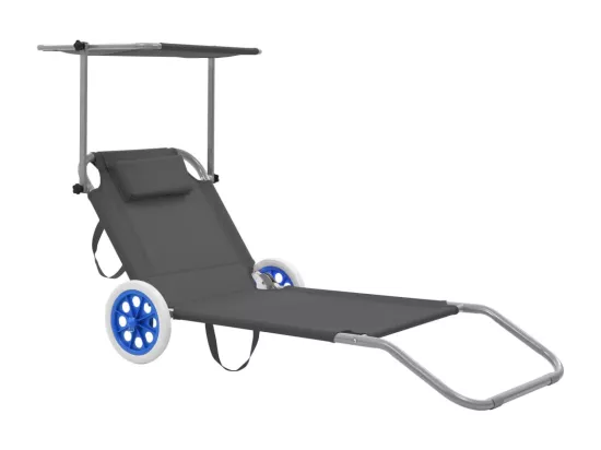 Chaise longue pliable avec auvent et roues Acier Gris