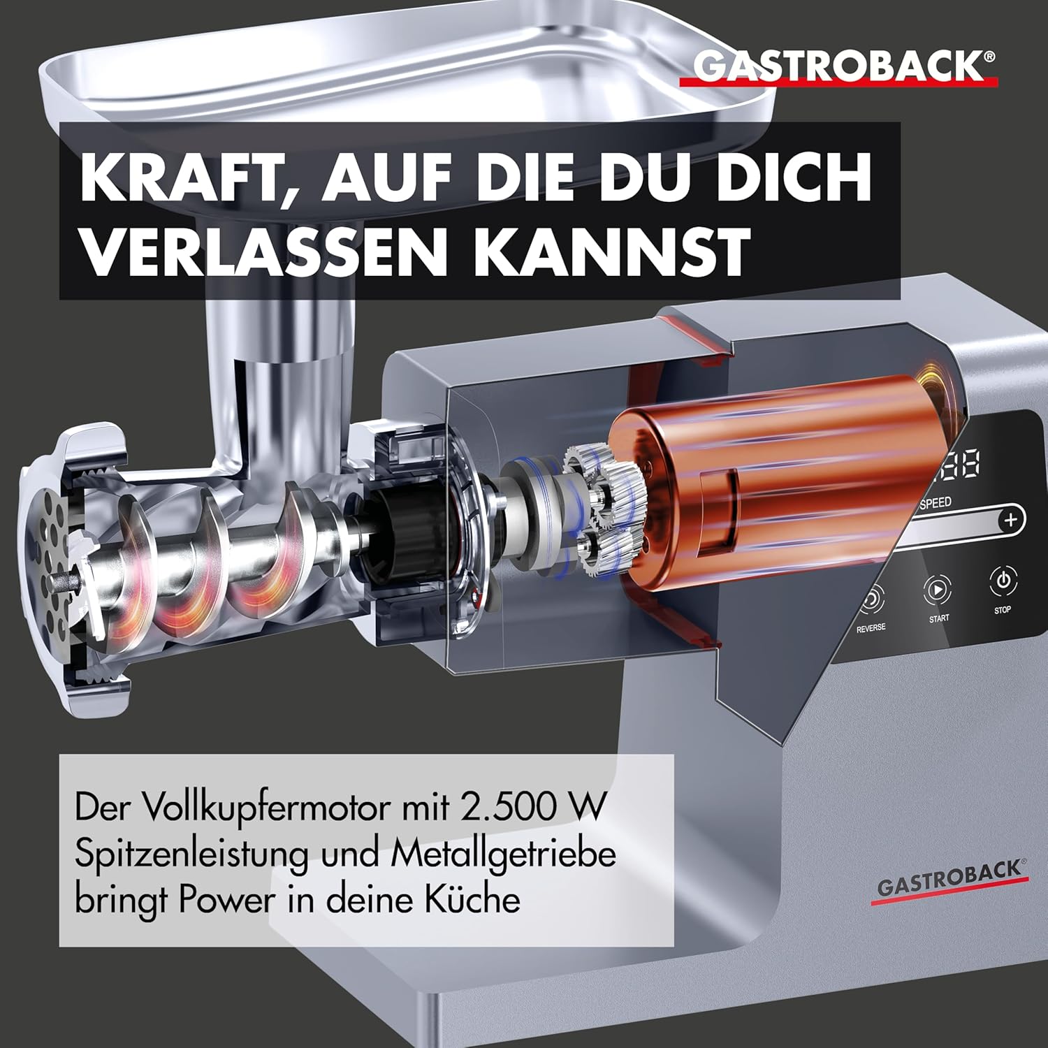GASTROBACK Elektrischer Fleischwolf mit Wurstfüller und Spritzgebäckvorsatz - 2500 Watt 6-in-1 Edelstahl Meat Grinder - Wurstfüllmaschine elektrisch mit Touch Screen inkl Burger-Presse
