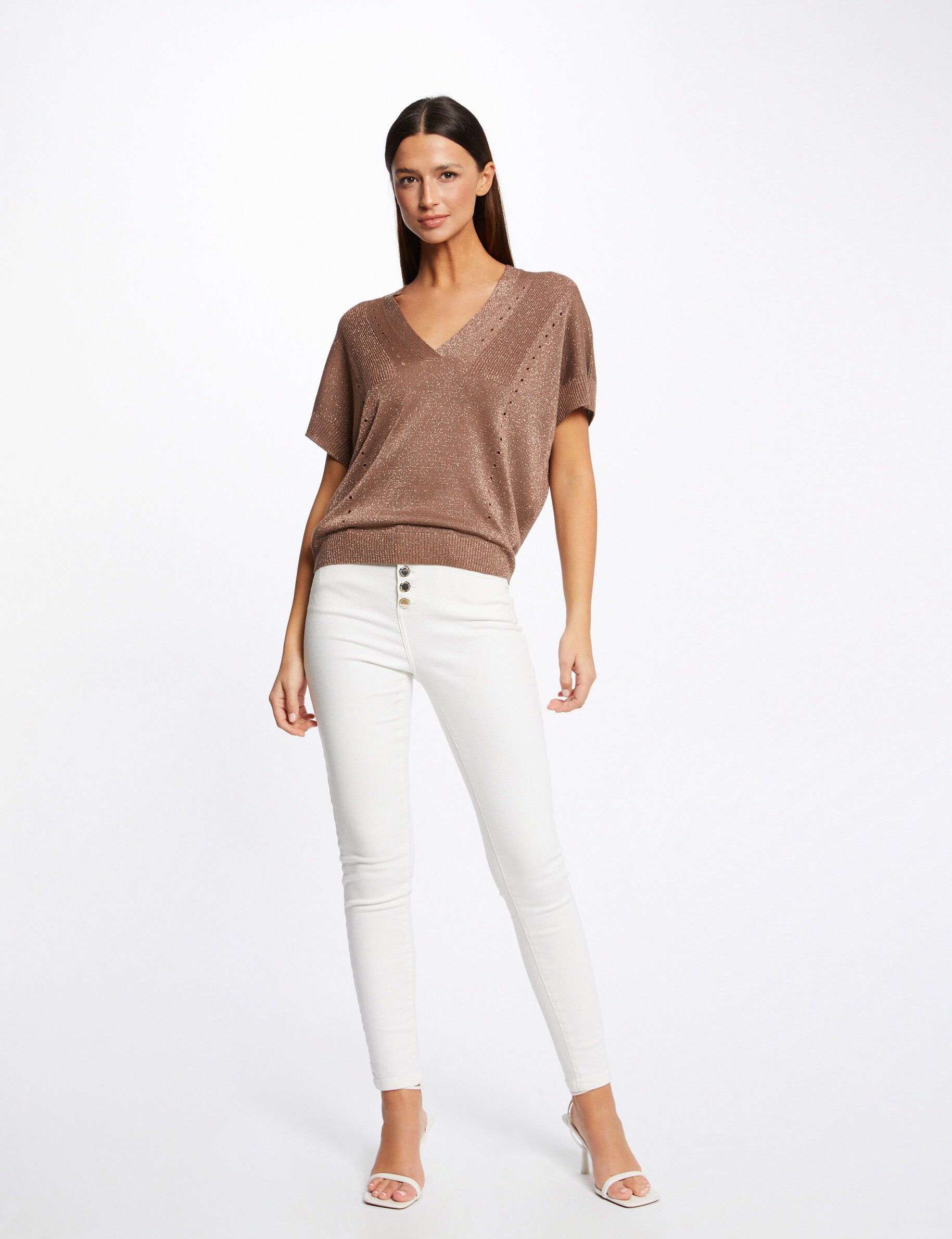Pull manches courtes à col en V rouille femme - rouille