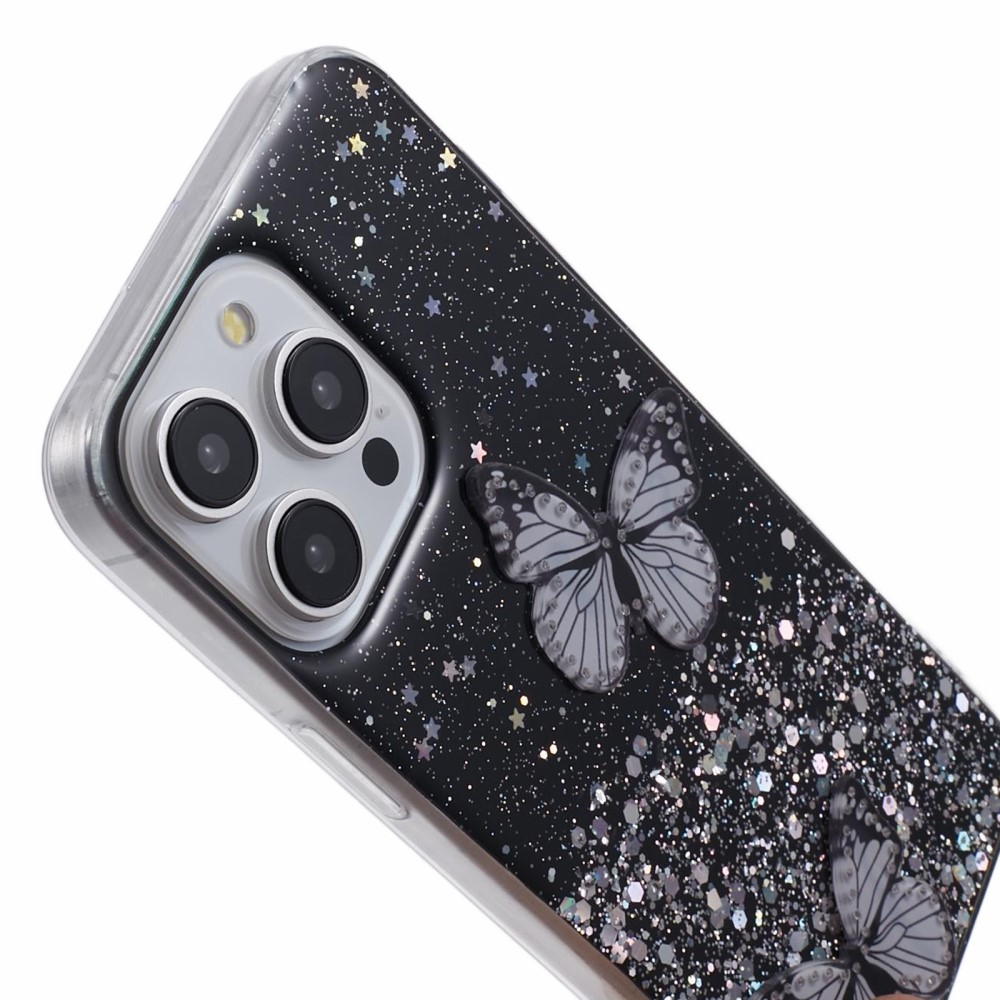 iPhone 16 Pro Max Hybrid Hardcase Schutzhülle im Glitzer Design Schmetterling - Schwarz / Transparent