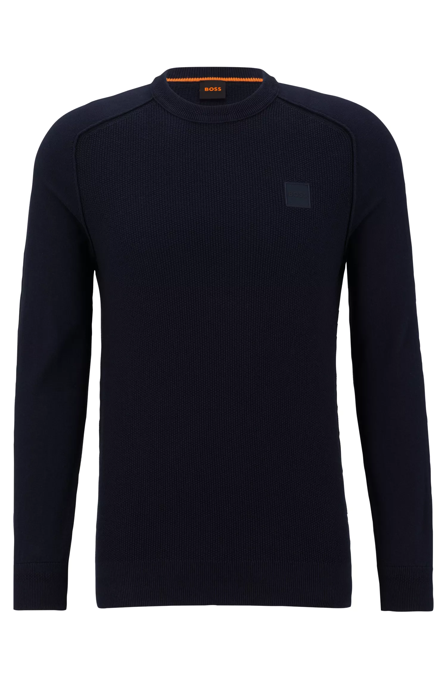 Suéter BOSS laranja em algodão e cashmere com textura mista e etiqueta tecida.