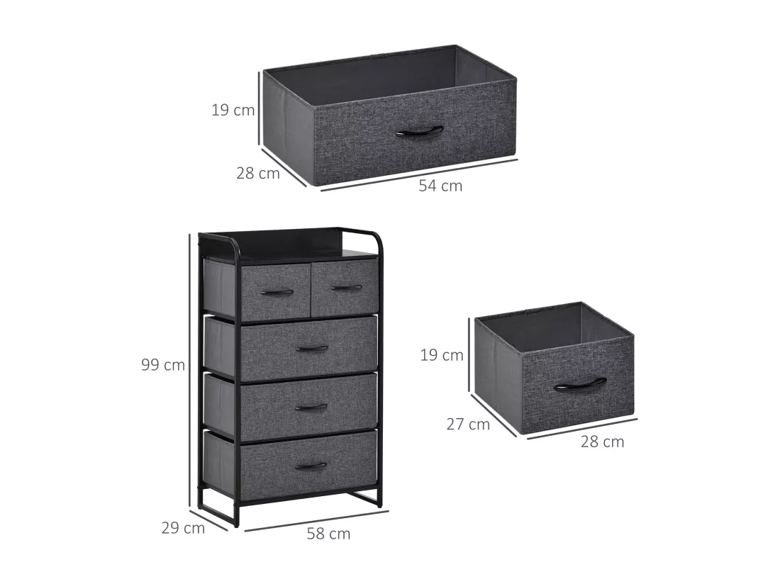 Commode meuble de rangement 5 tiroirs pliables en tissu 58 x 29 x 99 cm gris