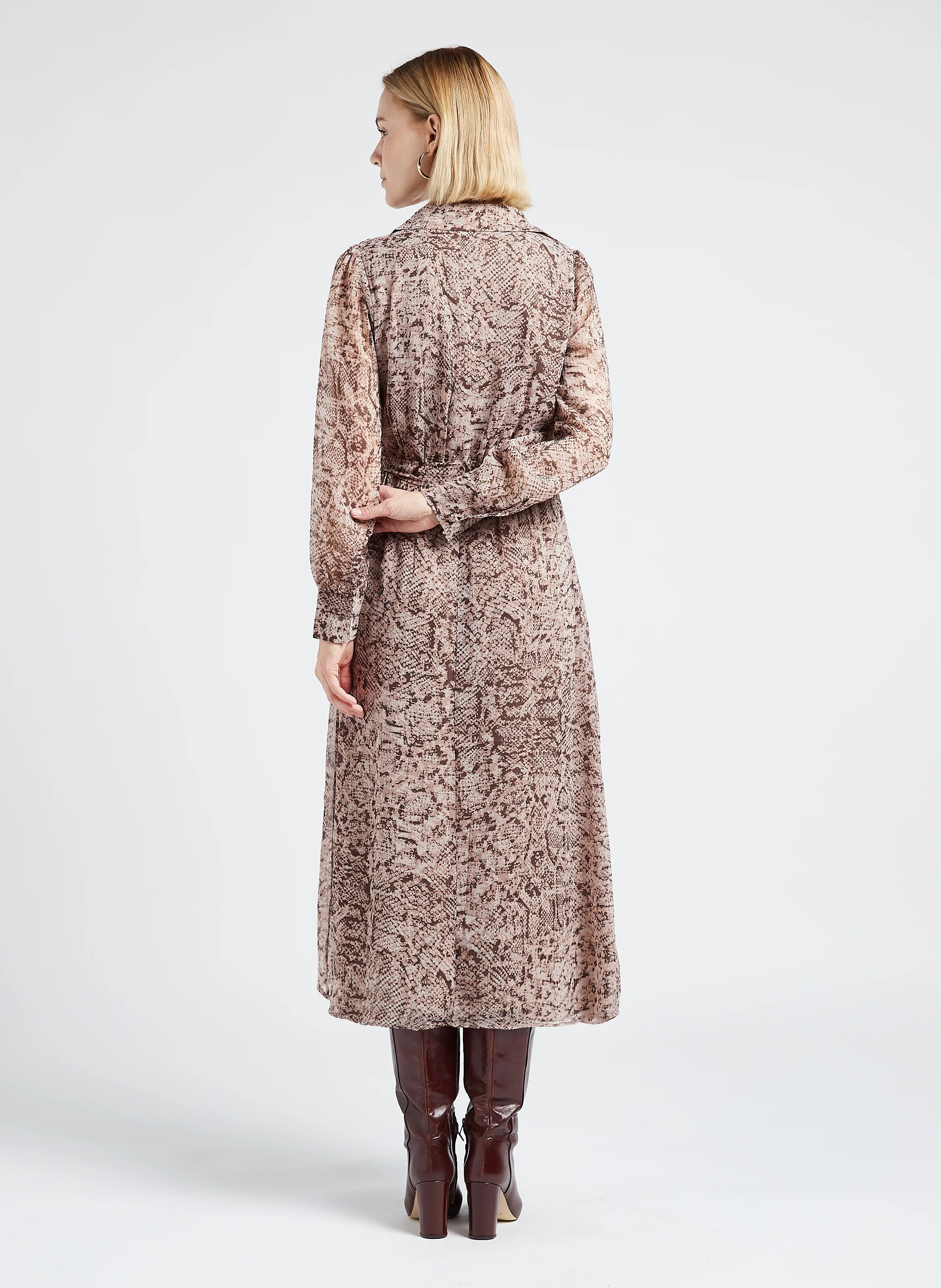 LORETTE - Robe mi-longue col italien imprimée | Beige