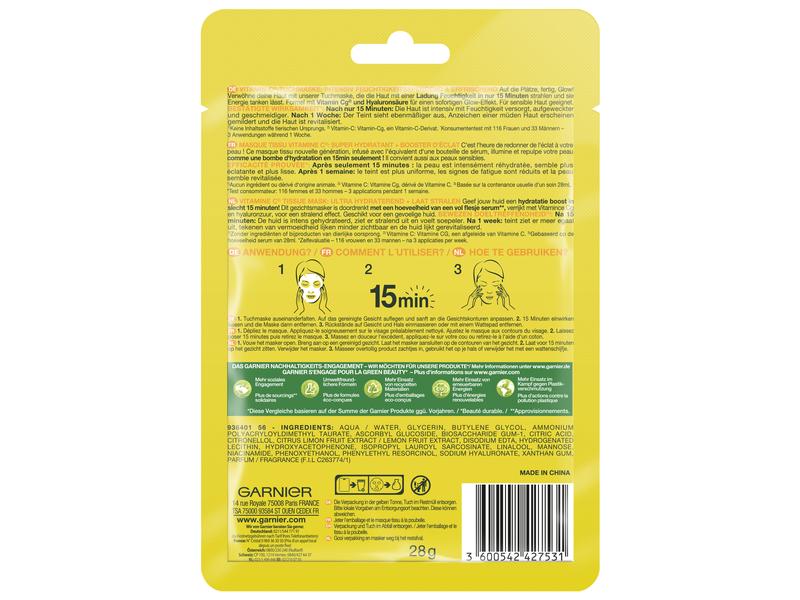 Garnier Gesichtsmaske Vitamin C 1 Stück Tuchmaske spendet sensibler Haut intensiv Feuchtigkeit und pflegt sie reichhaltig