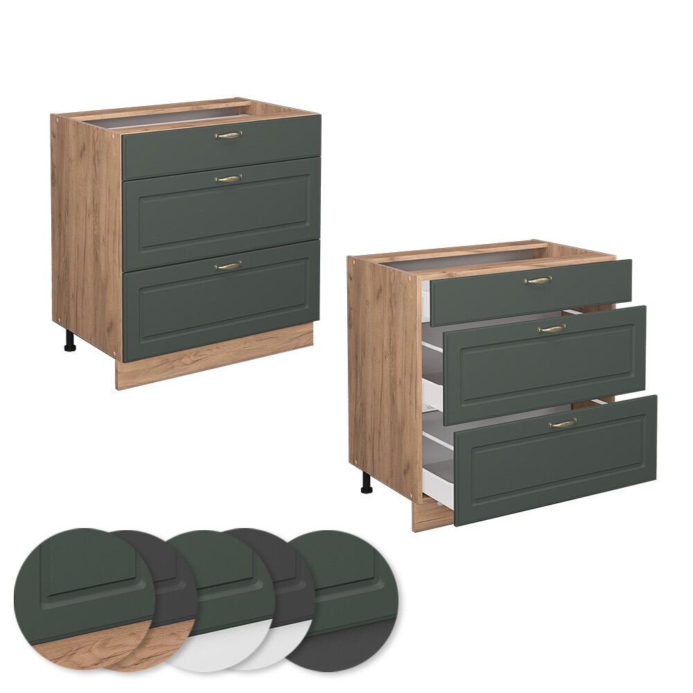 Vicco Schubladenunterschrank Küchenschrank Küchenmöbel Fame-Line Landhaus Eiche Grün 80 cm Gold Küche Einbauküche Drehtür Blende Schublade Küchenunterschrank Küchenzeile