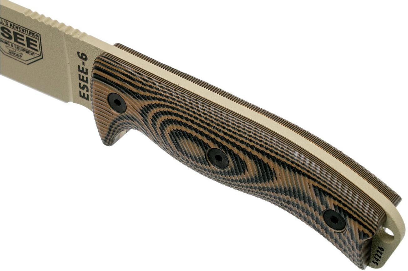 ESEE Model 6 Desert Tan Blade 3D Coyote-Black G10 survivalmes 6PDT-005 zwarte schede   clip plate