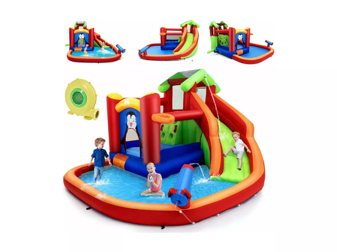 Château Gonflable avec Toboggans Aquatiques, Aire de Jeux Gonflable Piscine avec Motif de Boisgouin, Canon à Eau, Panier de Basket-Ball 3 à 10 Ans Rouge Avec Souffleur 680W
