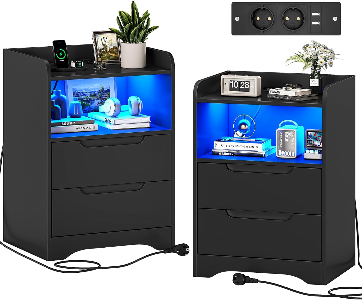Nachttisch 2er Set Nachttische mit Ladefunktion und LED-Licht Nachtschrank 2er Set mit 2 Schubladen Nachttisch Schwarz Beistelltisch Schwarz Couchtisch Sofatisch für Schlafzimmer, Wohnzimmer