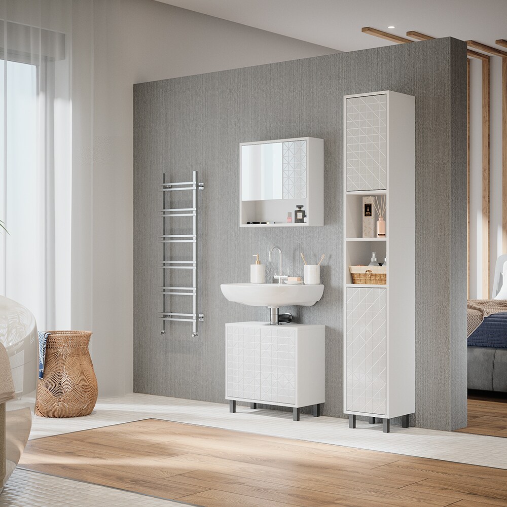 Vicco Hochschrank für Badezimmer Agasta 30cm schlank weiß, Badschrank in 3D Optik