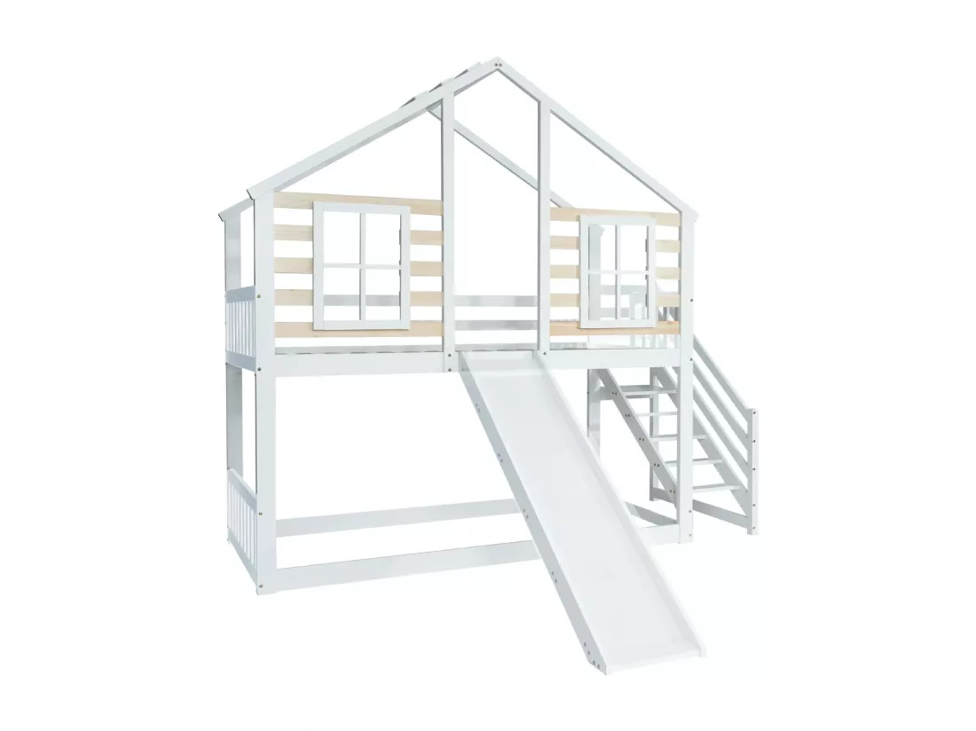 Lits superposés cabane 90 x 200 cm, avec escaliers, grilles et toboggan, Pin + MDF, Blanc
