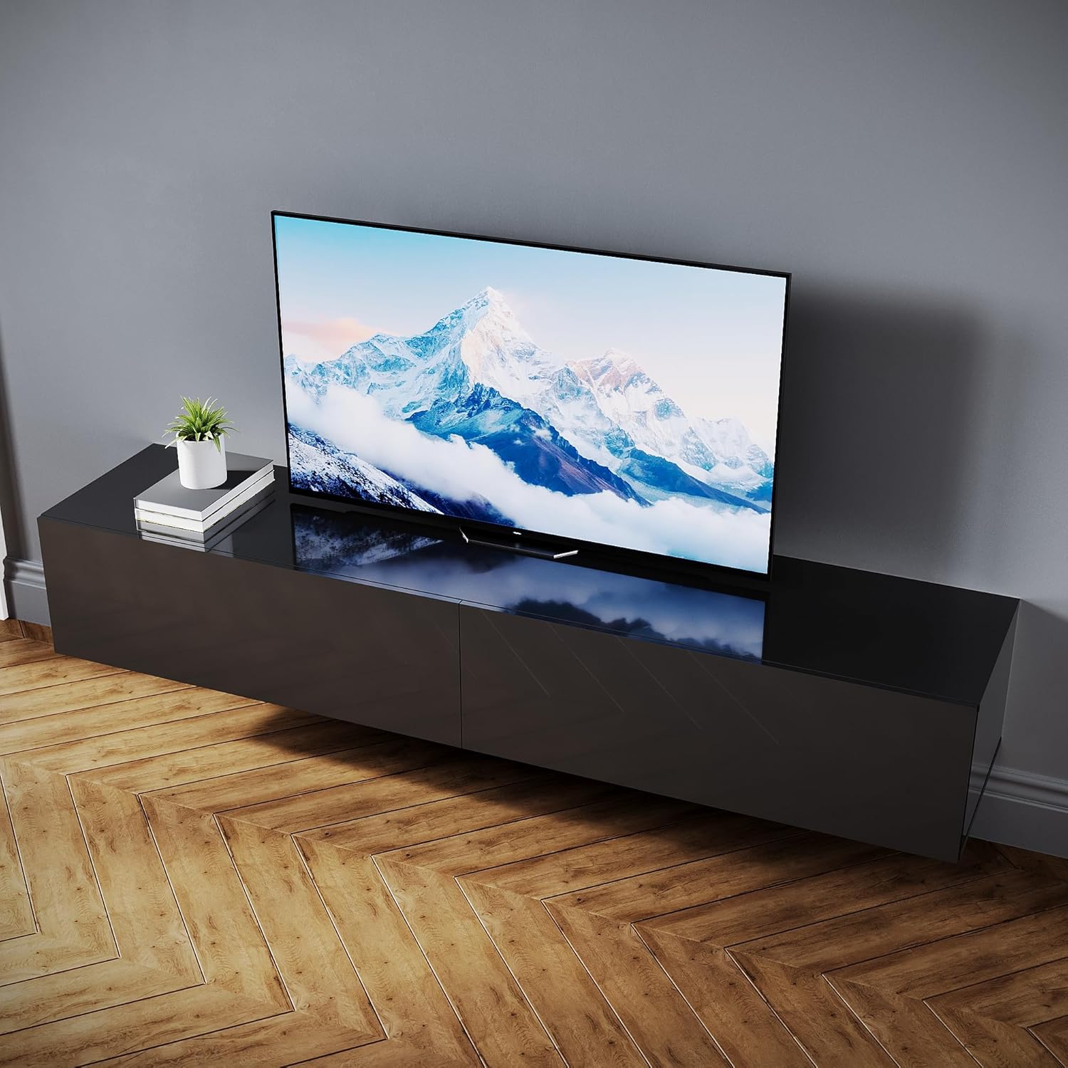 SONNI TV-Schrank Modern 180cm, Lowboard Hochglanz Schwarz Hängend/Stehend, TV-Regal mit 2 Schublade, 2 Türen, Griffloses, Fernsehtisch für Fernseher bis 65 Zoll Wohnzimmer & Schlafzimmer, 180x40x30cm.