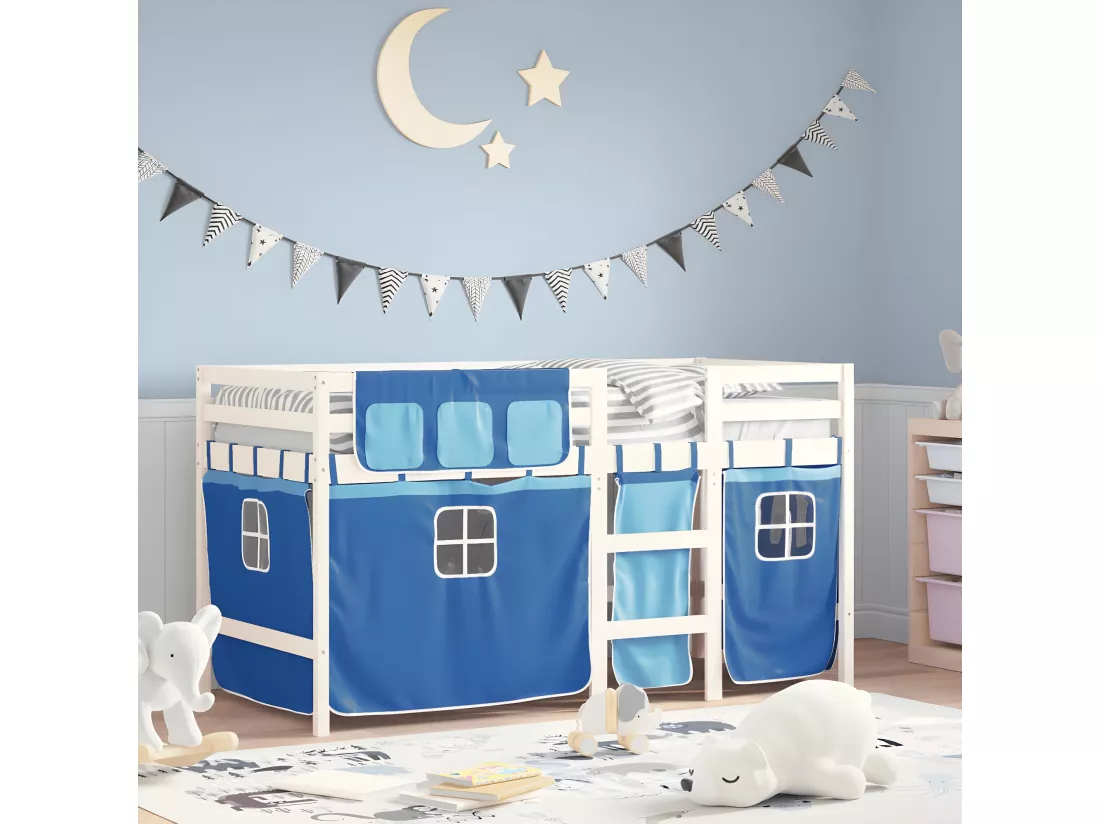 Lit mezzanine enfants et rideaux bleu 90x190cm bois pin massif