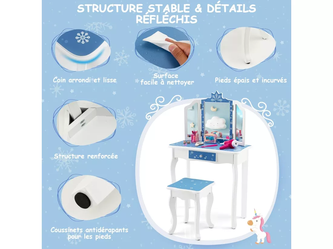 2 en 1 Coiffeuse Enfants Fille avec Miroir Amovible à 3 Volets & Tabouret, Table de Maquillage avec Tiroir & Motif Flocon de Neige, Charge 50kg pour Enfants de 3-7 Ans, (Bleu)
