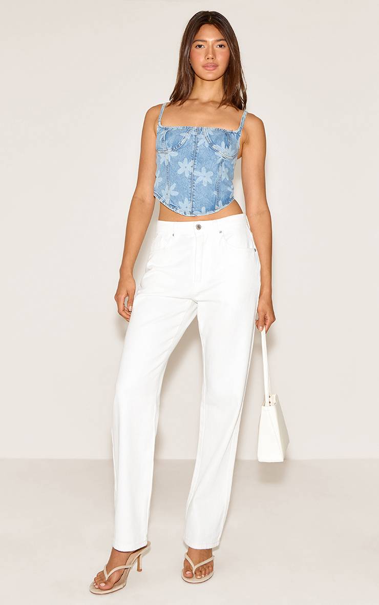 Light Blue Wash Top Corset En Denim À Imprimé Floral