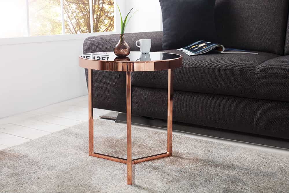 Design Beistelltisch Original ASTRO 50cm kupfer Metall schwarze Glasplatte Couchtisch rund