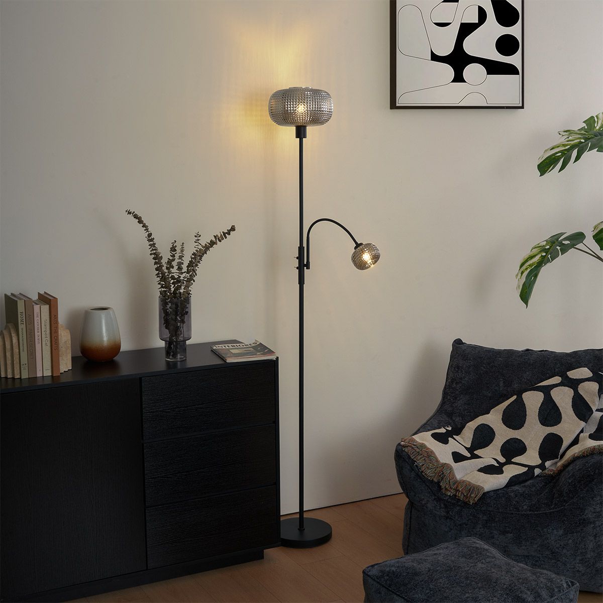 Design vloerlamp zwart met smoke glas 2-lichts - Brianna