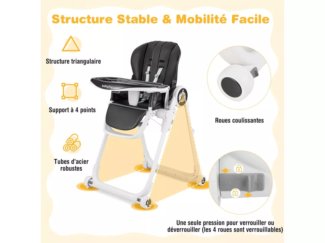 Chaise Haute pour Bébé, avec 6 Hauteurs Réglables de 6 à 36 Mois, Ceintures de Sécurité à 5 Points, Plateau Double Sécurisé, Jusqu'à 15 kg Noir