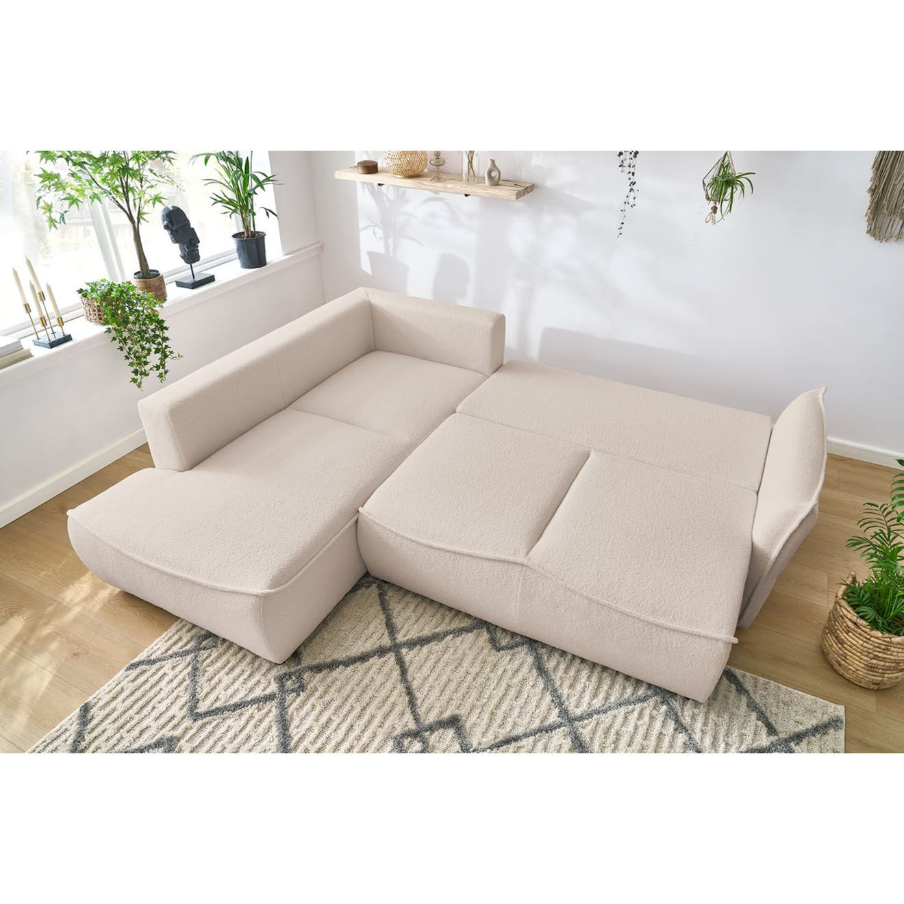 Bobochic Canapé d'angle L gauche convertible bouclette Léon beige - 257x90x194 cm