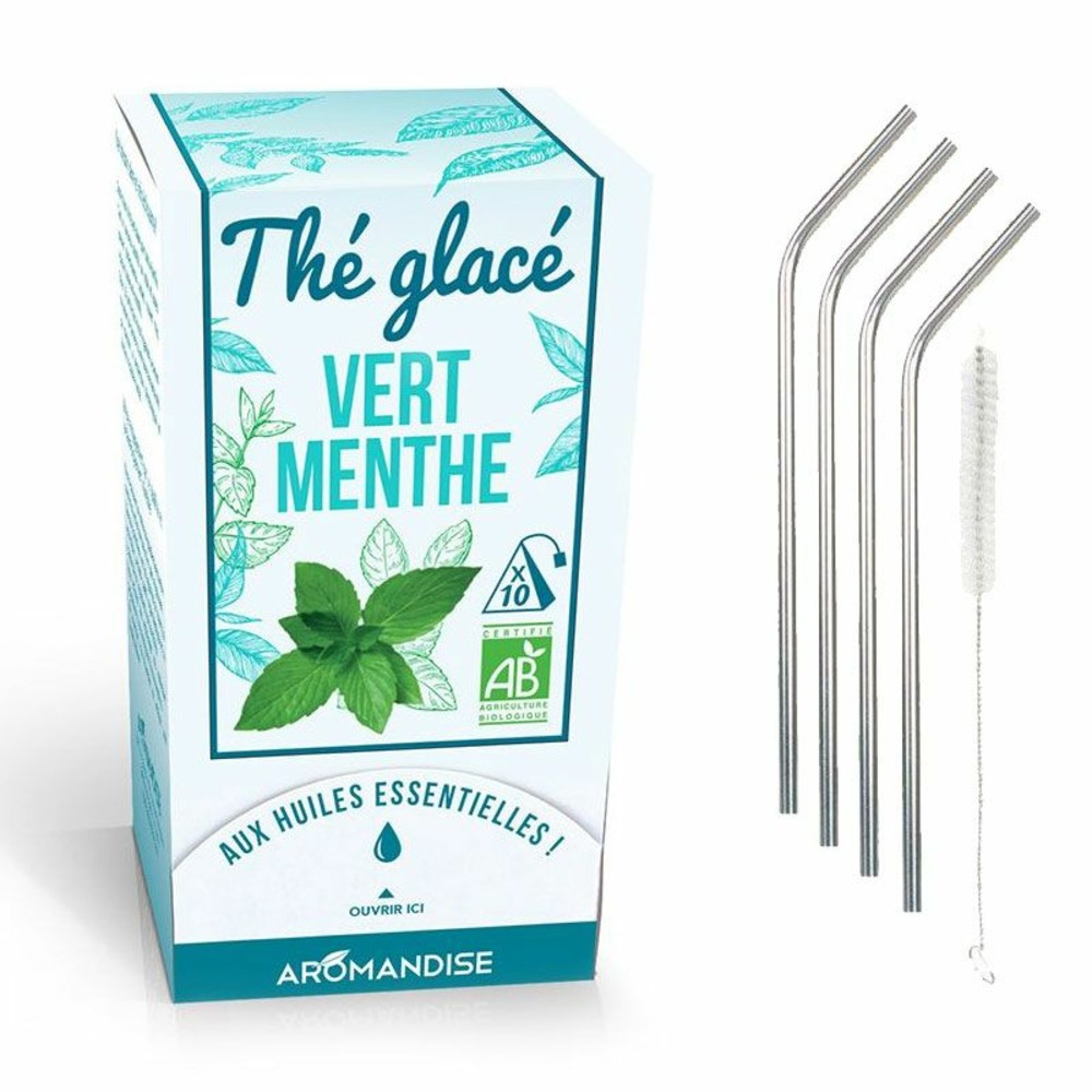 Thé vert glacé à la menthe bio + 4 pailles en inox