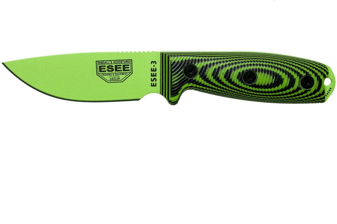 ESEE Model 3 Venom Green Blade 3D Neon Green-Black G10 survivalmes 3PMVG-007 zwarte schede   riemclip
