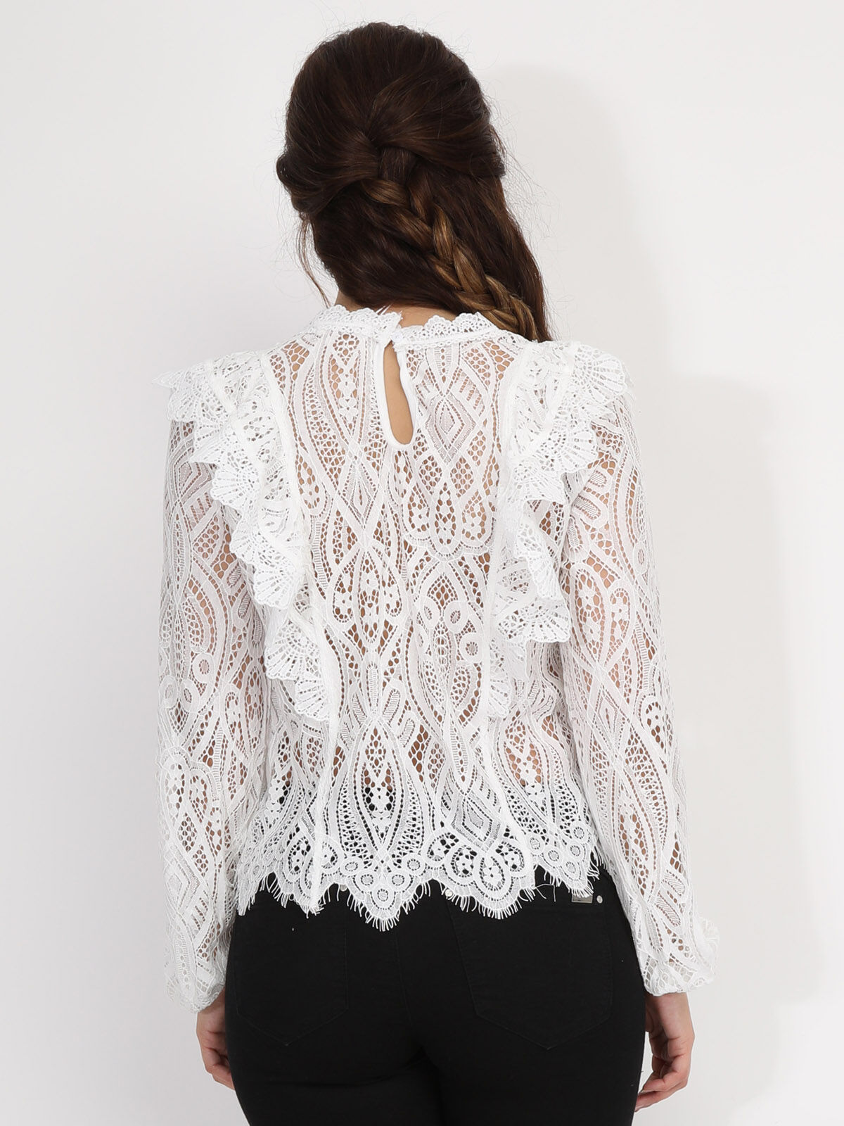 Blouse en dentelle crochet à volants- Blanc