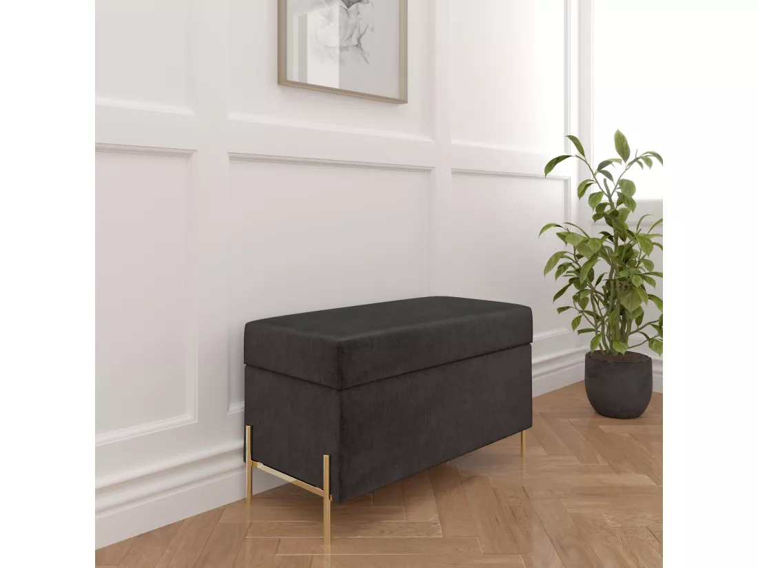 Banc coffre BORGO en velours gris avec pieds en métal doré / 80 x 37 cm