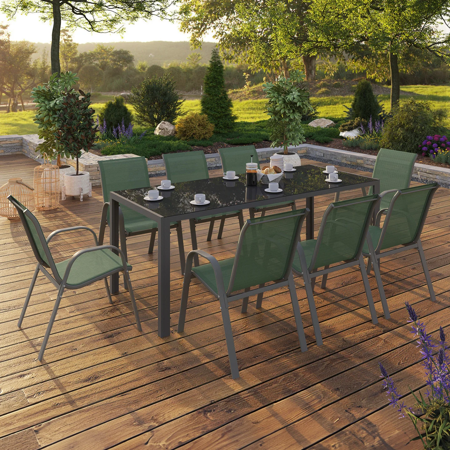 Salon de jardin MADRID table 190 cm et 8 chaises empilables vert olive