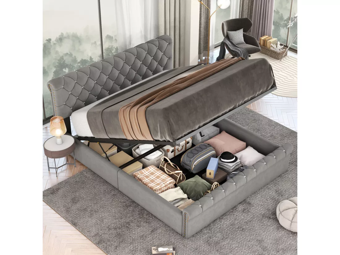 Lit coffre 140 x 190 cm avec tête de lit réglable - Velours - Décor avec boucle en cristal - Coloris gris