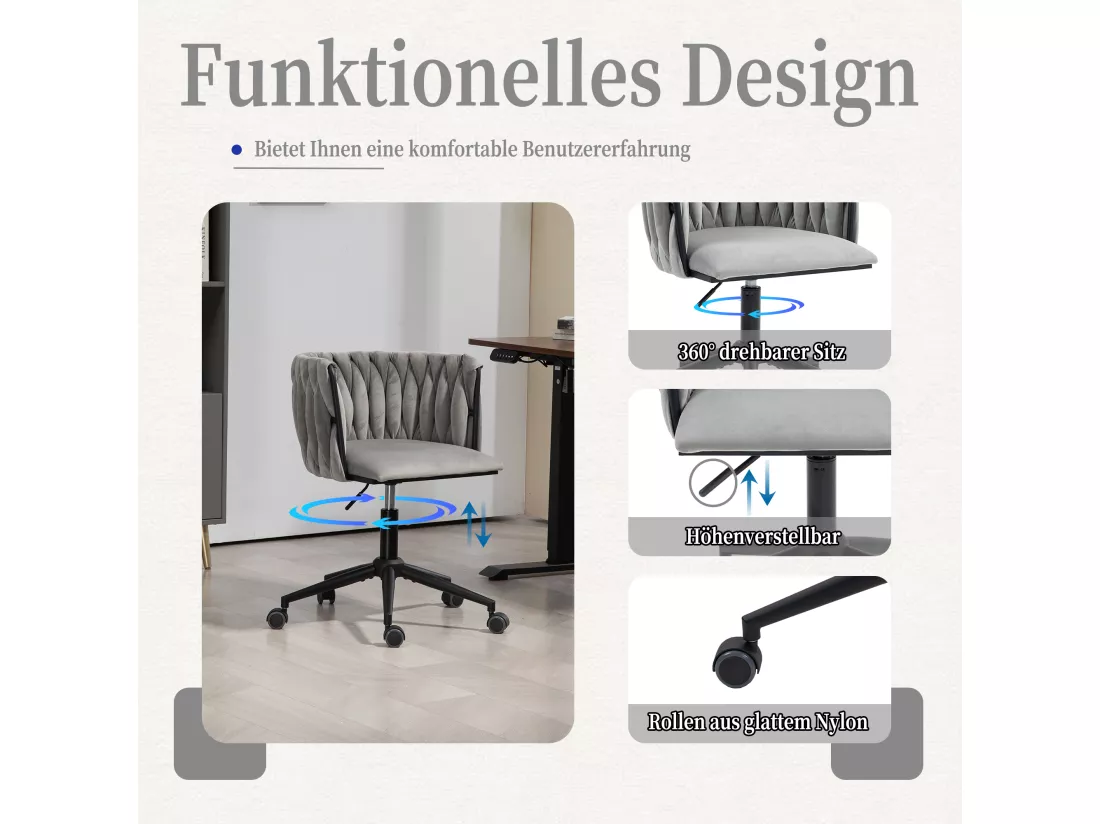 Chaise De Bureau Douce En Velours, Rotation 360°, Réglage De Hauteur, Design Ergonomique