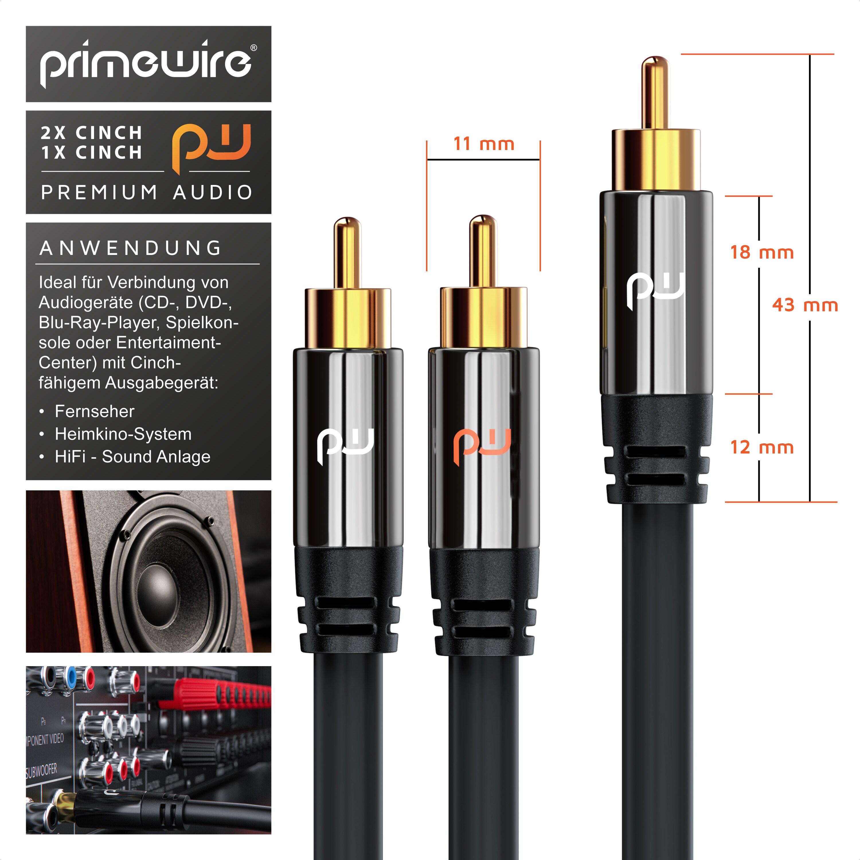 Primewire Y-Cinch Audio-Kabel, RCA, HiFi Audio-Kabel mehrfach geschirmt, 1x Cinch auf 2x Cinch - 7,5m