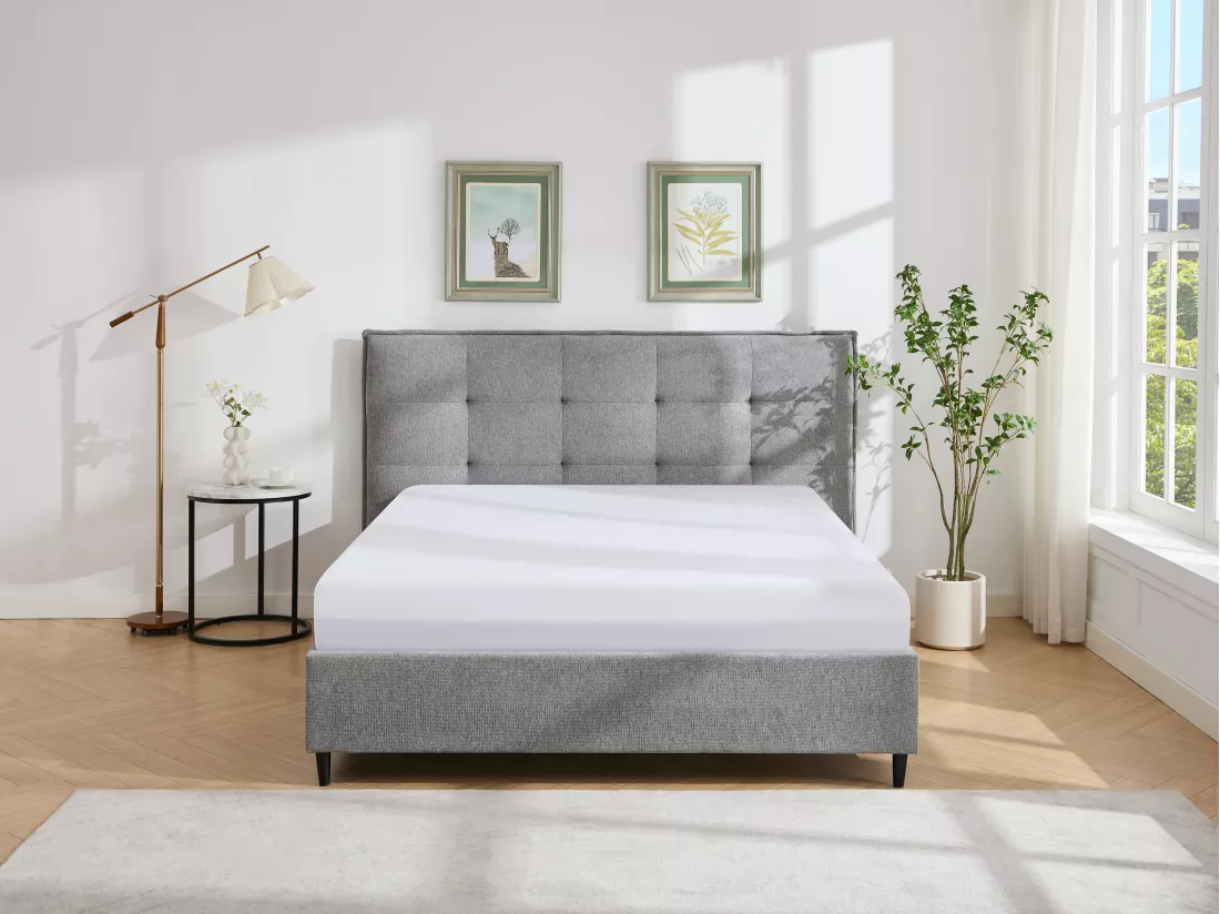 Lit 160 x 200 cm avec tête de lit capitonnée - Tissu - Gris - NIRPIO