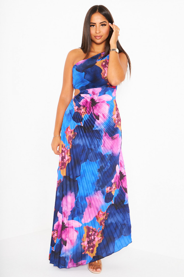 Robe bleue one shoulder plissées et fleurie