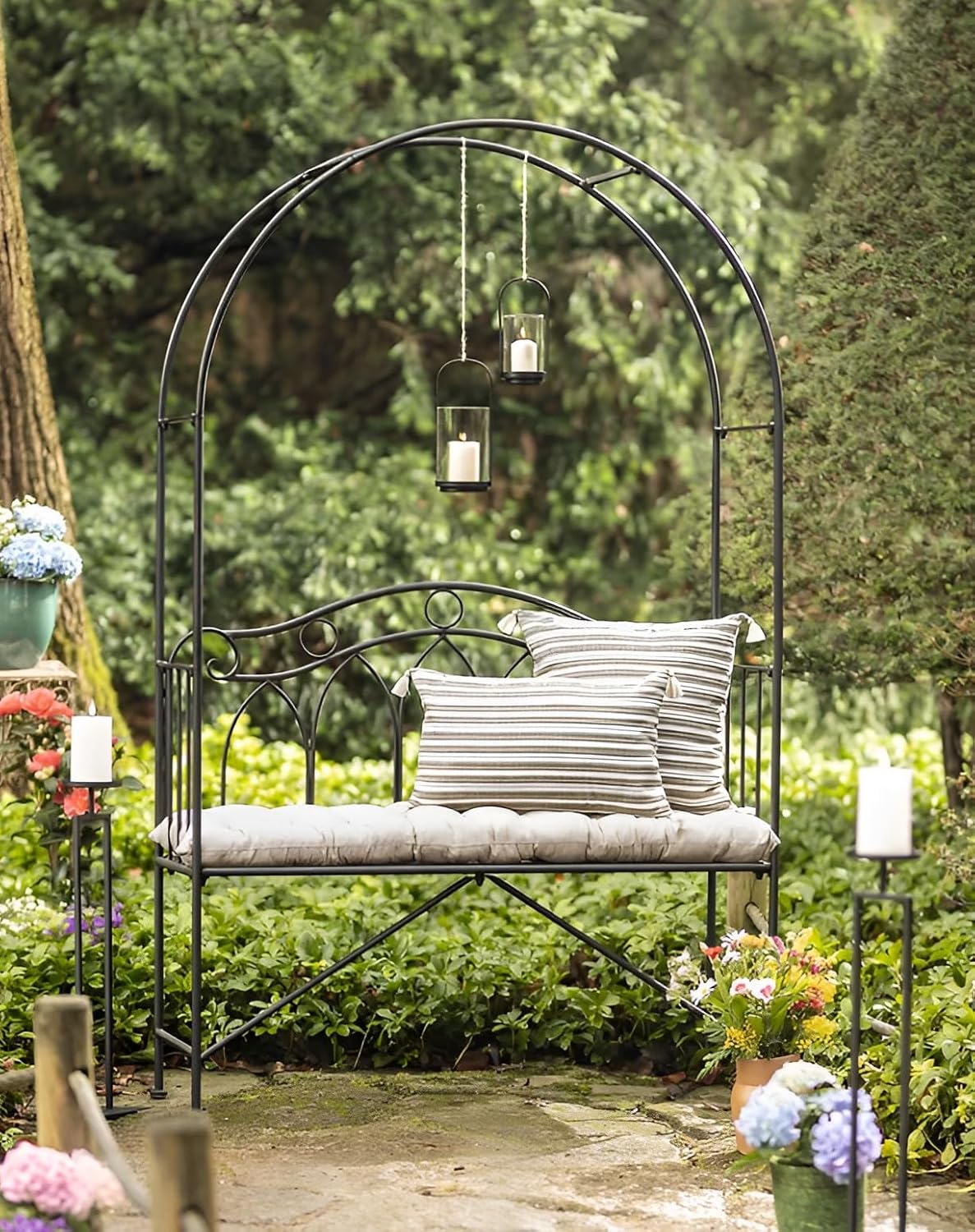 Dekoleidenschaft Sitzbank Rankbogen aus Metall, schwarz, 2-Sitzer Gartenbank mit Rosenbogen, Outdoor Metallbank mit Rankhilfe, wetterfest, Gartensitzbank, Gartenmöbel mit Rankgitter, Rosenspalier