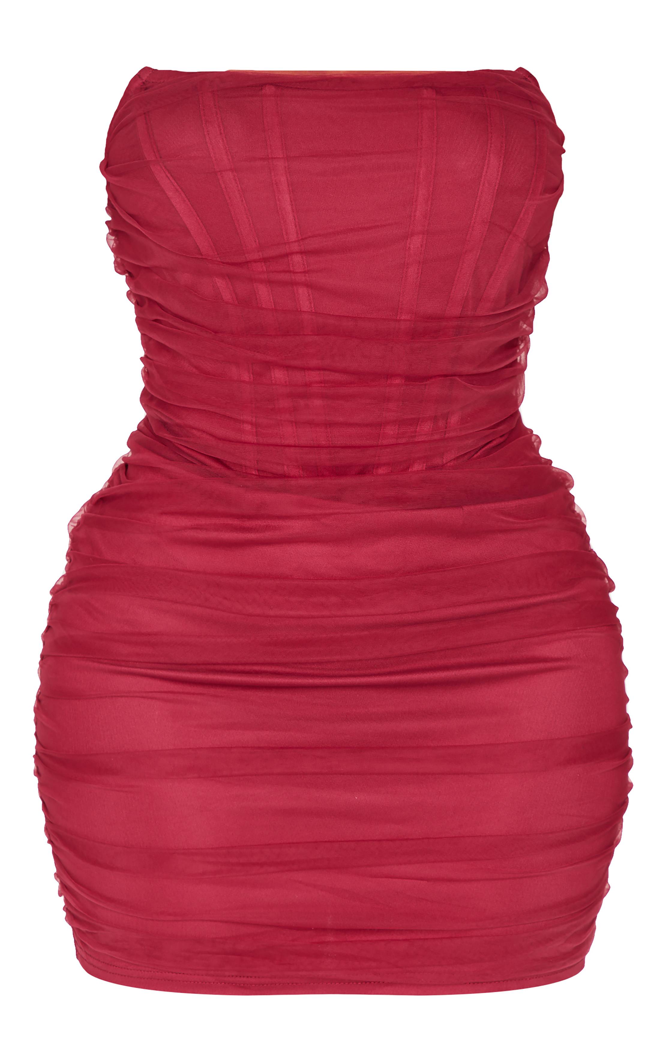 Rouge Bordeaux Robe Moulante Shape À Détail Corseté Et Fronces En Mesh