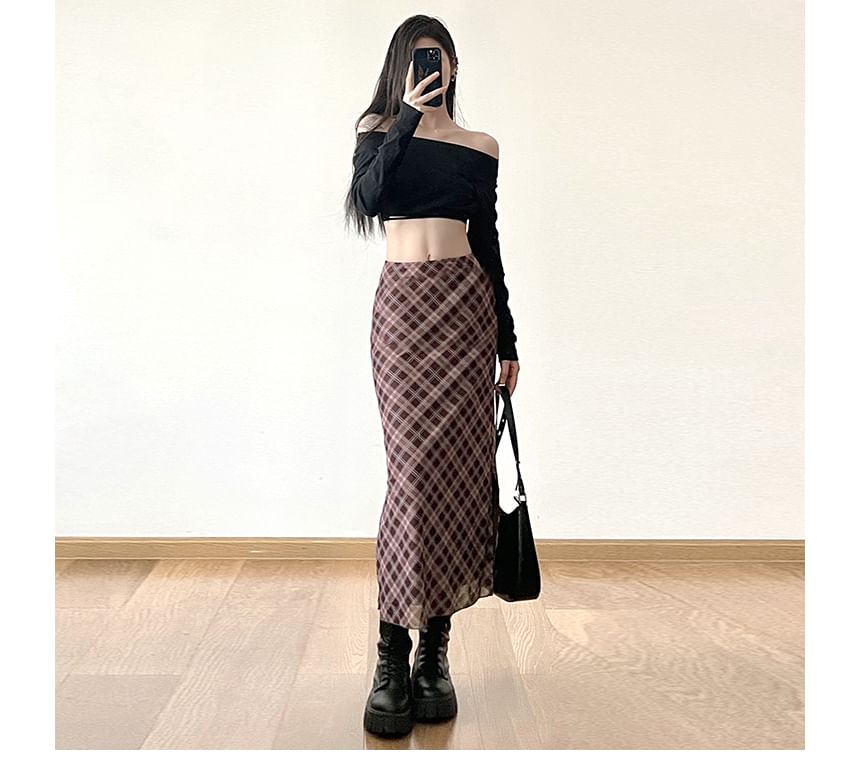 SisLinda - Midi A-lijn rok met geruite midi-rok met middelhoge taille