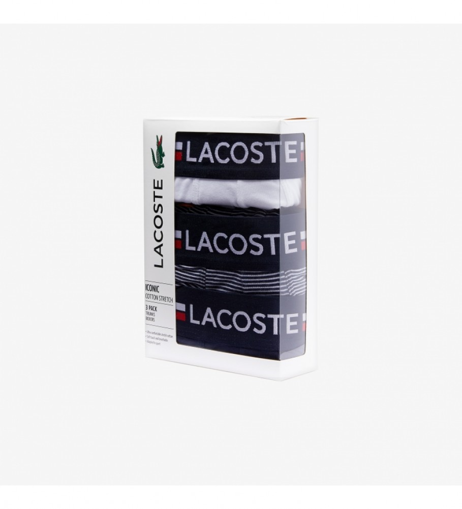 Pacote com 3 cuecas boxer Lacoste Court, azul marinho e branca.