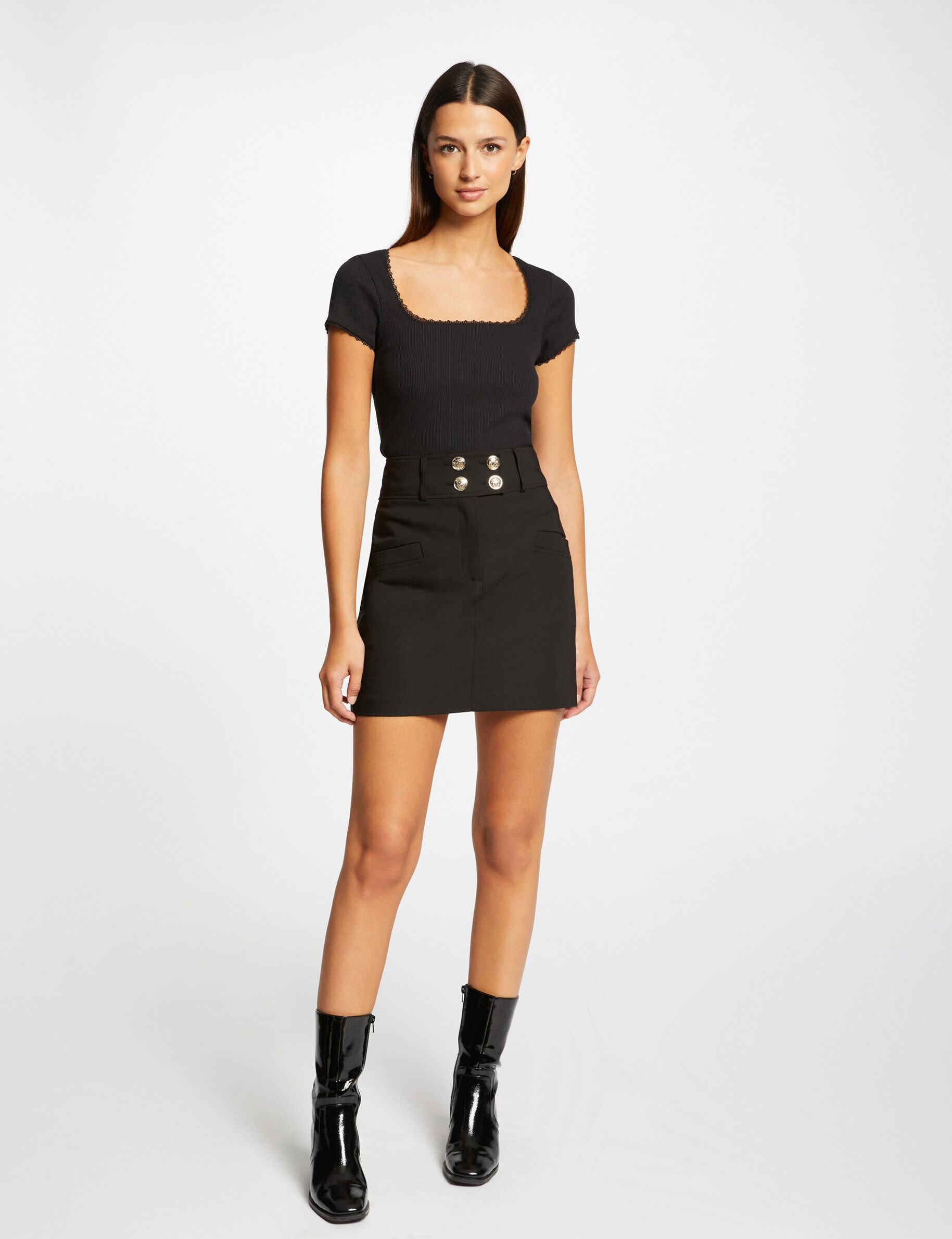 T-shirt manches courtes côtelé noir femme - noir