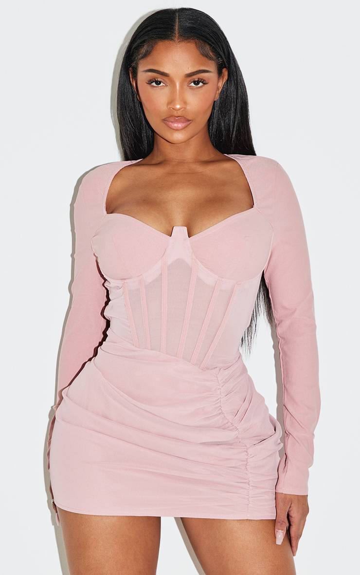 Rose Robe Moulante Mini À Empiècements Résille Avec Corset Et Fronces Latérales