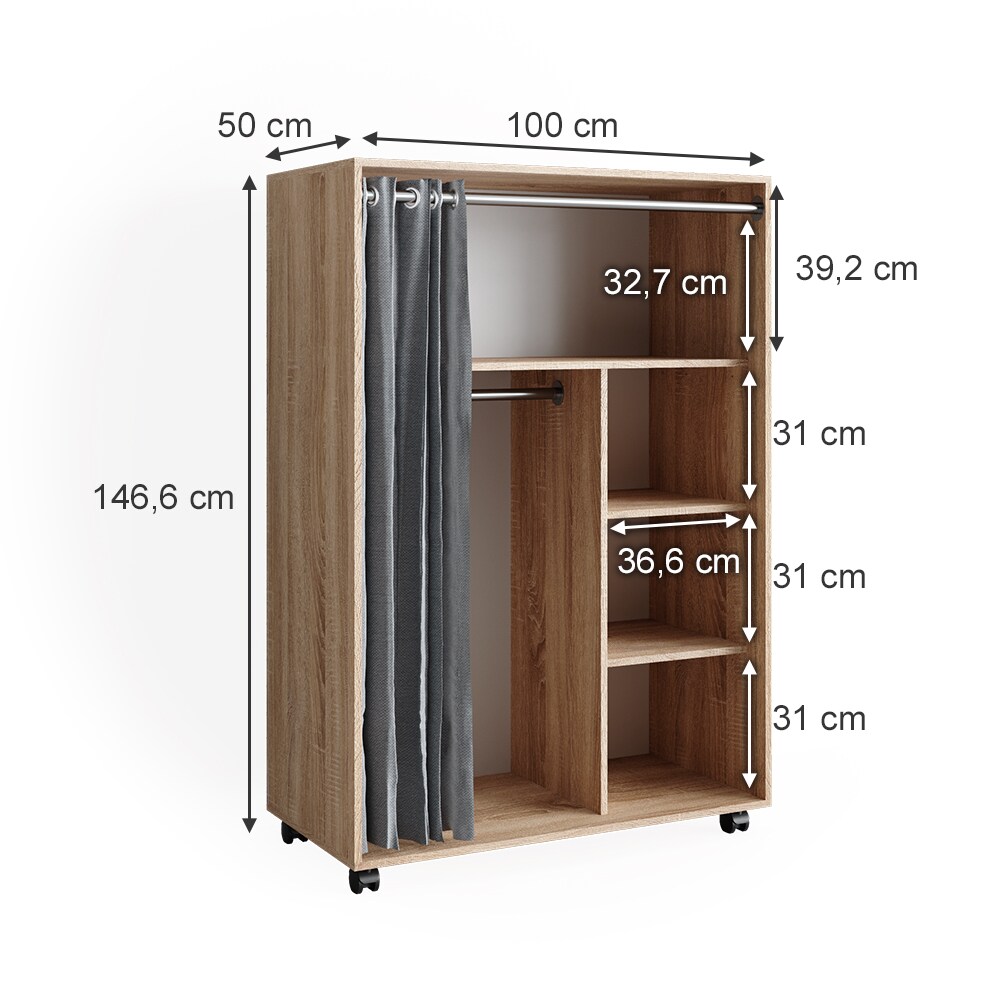 Vicco mobiler Kinderkleiderschrank Dielenschrank Garderobe Doros Sonoma modern 100 x 147 cm offen rollbar