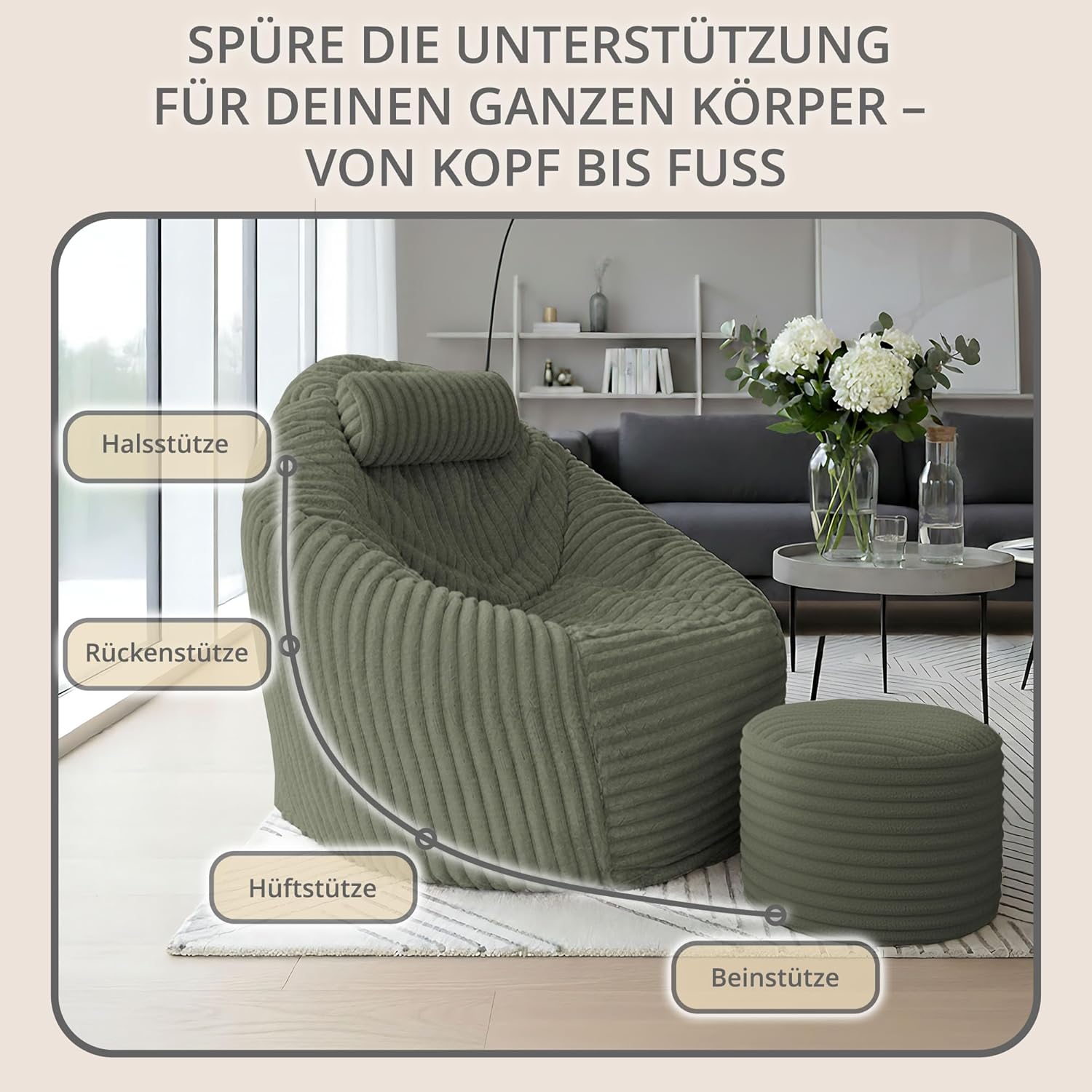 DreamRoots Sitzsack Erwachsene - Sessel Wohnzimmer 92x70x100 cm mit Hocker, Kopfstütze und Aufbewahrungstasche - Bean Bag Chair - Lesesessel Bequem Superweich und flauschig Cord 420 g/m² - Grün
