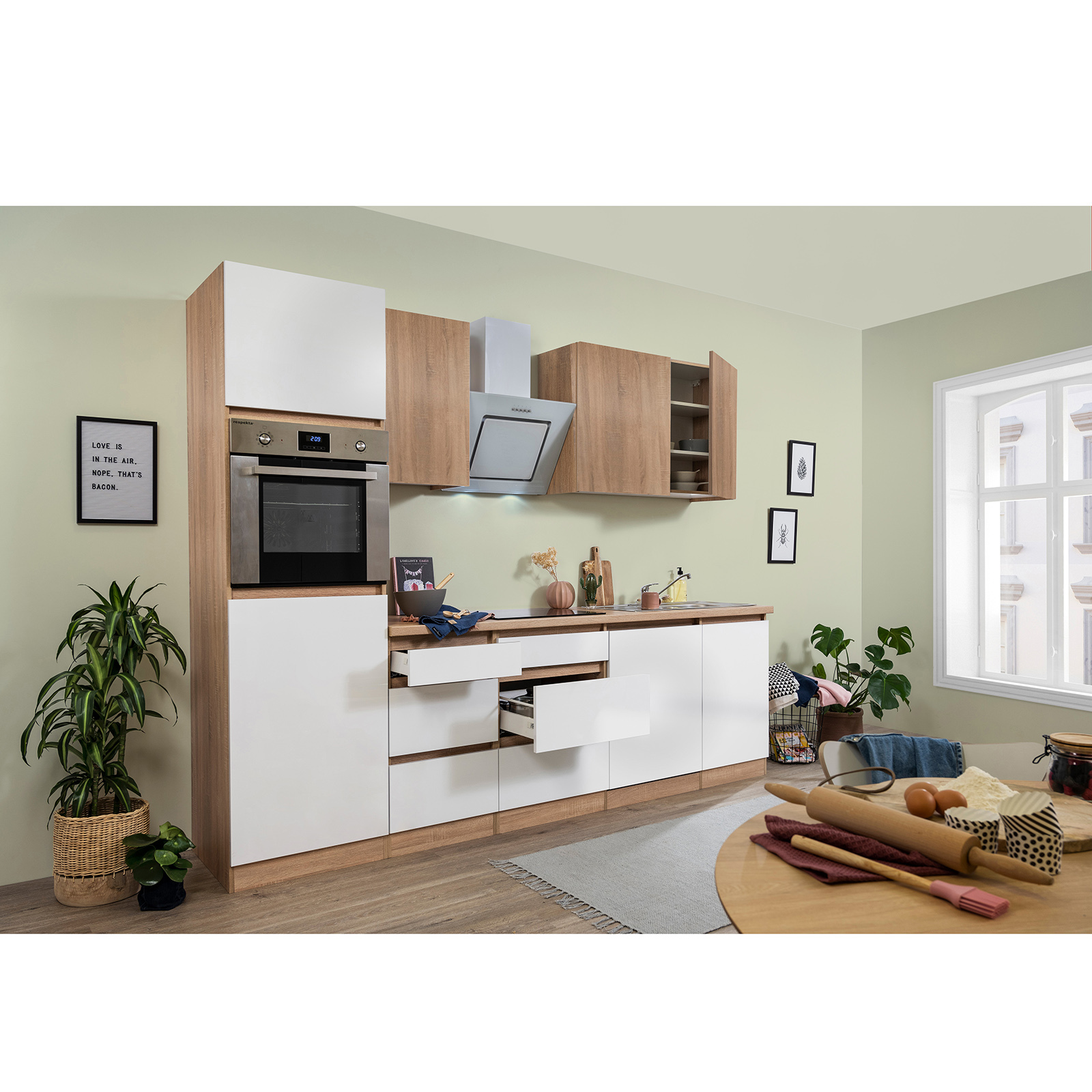 RESPEKTA Küchenblock - weiß Hochglanz-Eiche Sägerau - mit E-Geräten - 280 cm